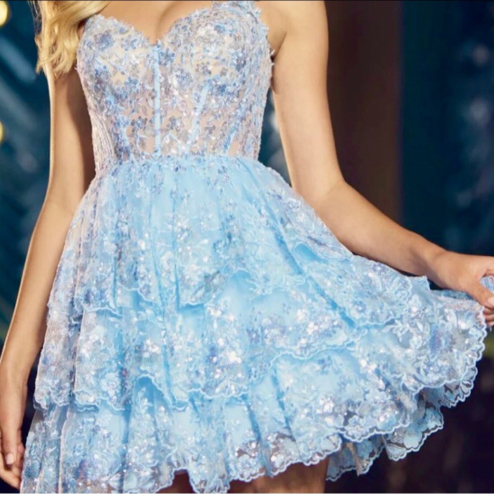 SHERRI HILL 55964 I blue sequin lace tiered mini homecoming formal dress
